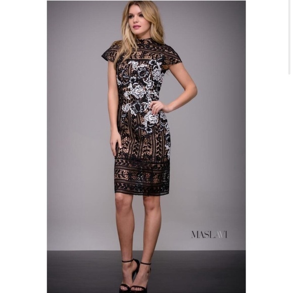 Maslavi by Jovani Black Ivory High Neck Lace Dress NWT - Picture 1 of 16